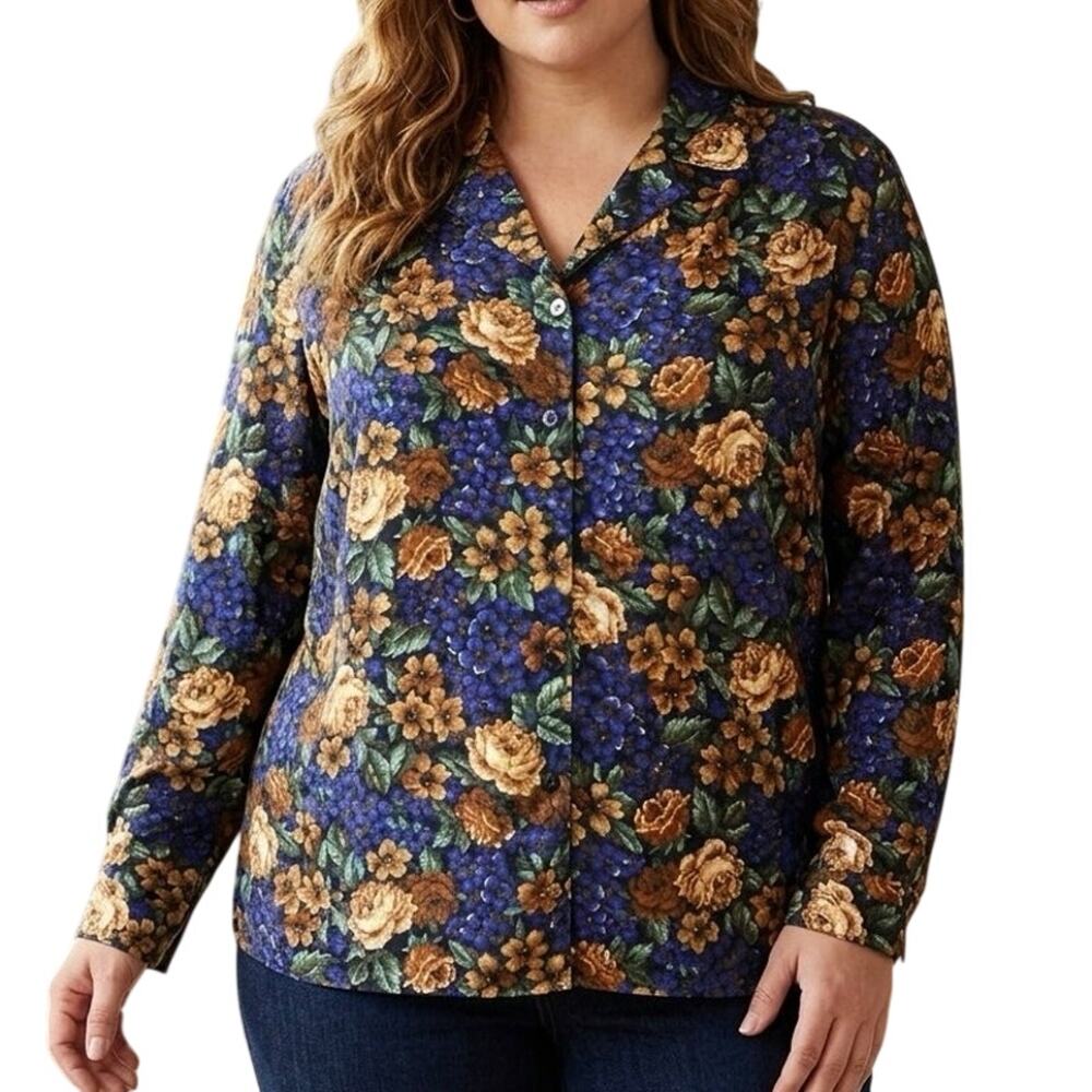 VTG 90s Koret Moody Floral Camp Collar Blouse Dark Cottagecore Grandmacore 20W